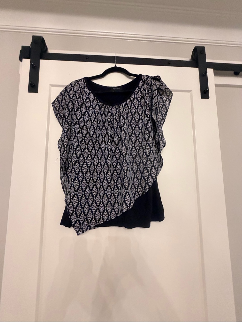 AB Studio Black and White Asymmetric Patterned Overlay Top